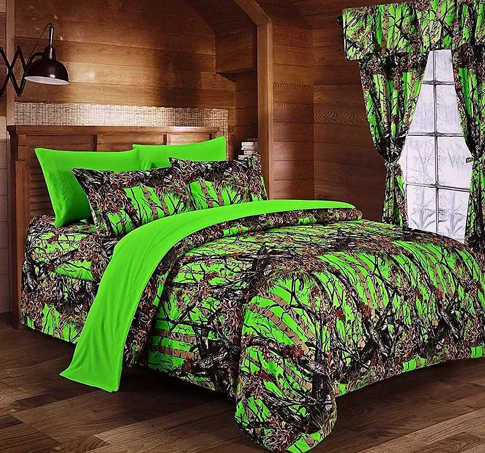 King Size 6‑Piece Green Camouflage Microfiber Sheet Set – 4 Pillowcases