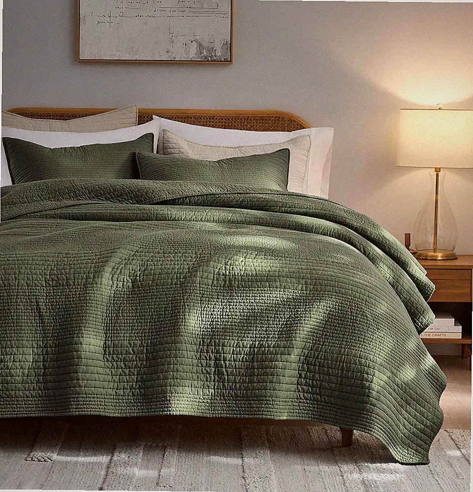 Striped Olive Green 100% Cotton Quilt California Cal King Size Bedding Sets, Ove